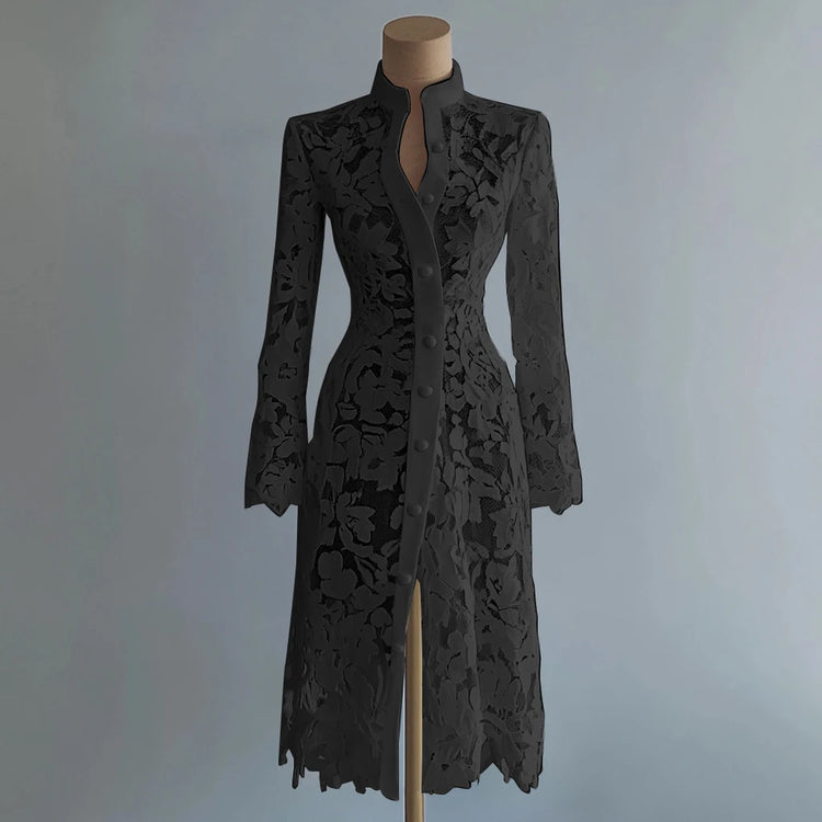 Vestido elegante, Vestido cárdigan, Tienda online, Ropa femenina, Outfit femenino, Moda mujer, Moda femenina, Manga larga, Encaje floral, Cuello Mao