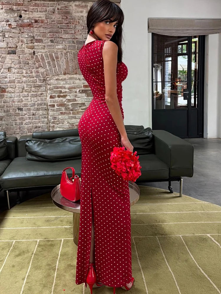 Vestido largo, Vestido elegante, Vestido de fiesta, Sin mangas, Estampado lunares, Moda mujer, Ropa femenina, Outfit noche, Vestido femenino, Tienda online