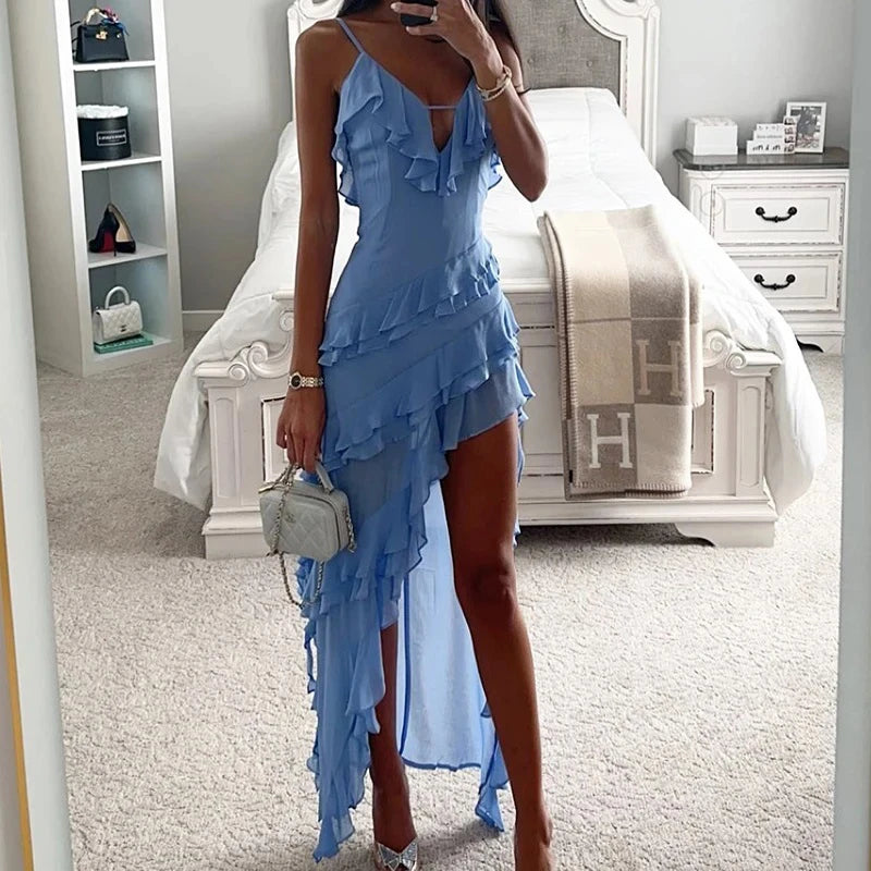 Volantes cascada, Vestido Ocean Breeze, Vestido elegante, Vestido azul cielo, Tirantes finos, Tienda online, Ropa femenina, Outfit verano, Moda mujer, Moda femenina
