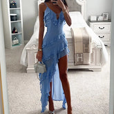 Volantes cascada, Vestido Ocean Breeze, Vestido elegante, Vestido azul cielo, Tirantes finos, Tienda online, Ropa femenina, Outfit verano, Moda mujer, Moda femenina
