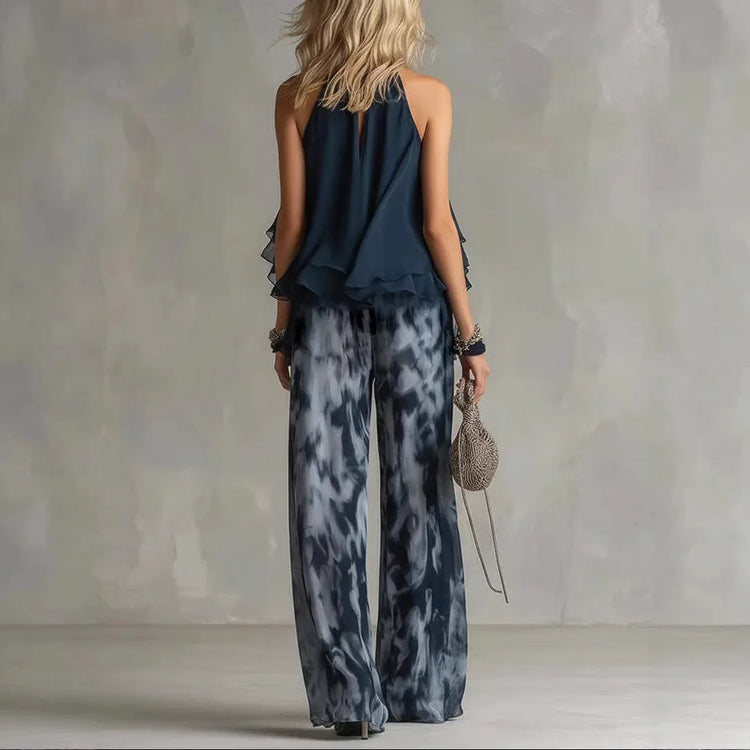 Top halter, Tienda online, Ropa femenina, Pantalón ancho, Outfit elegante, Moda mujer, Gasa, Dos piezas, Conjunto verano, Conjunto femenino
