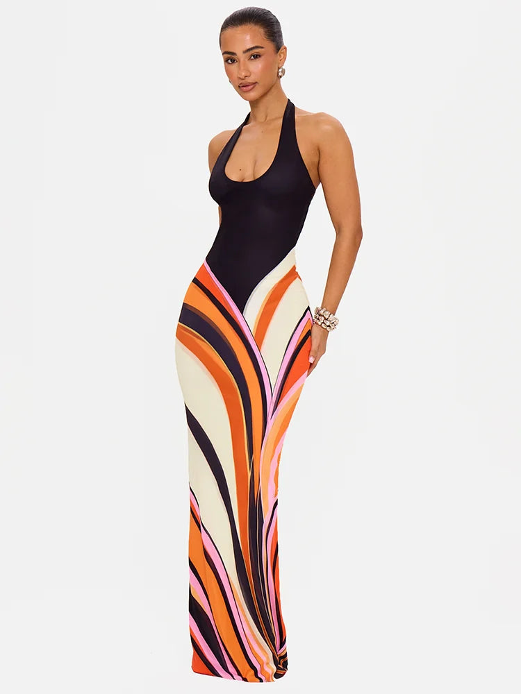 Vestido largo, Vestido de evento, Vestido ajustado, Tienda online, Ropa femenina, Outfit elegante, Moda mujer, Moda femenina, Estampado multicolor, Diseño con cordones
