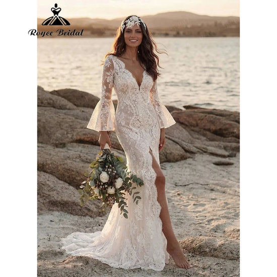 Vestido " Beach Romance". Silueta ajustada de encaje con mangas Boho - Naos