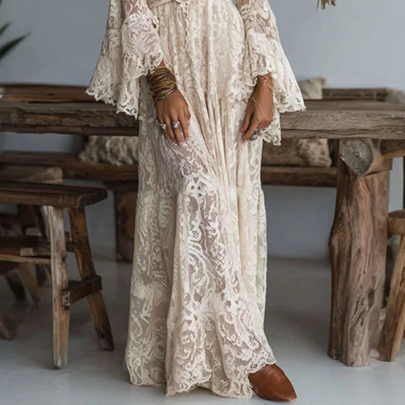 Vestido Largo de Encaje Elegante con Detalles de Bordado - Naos