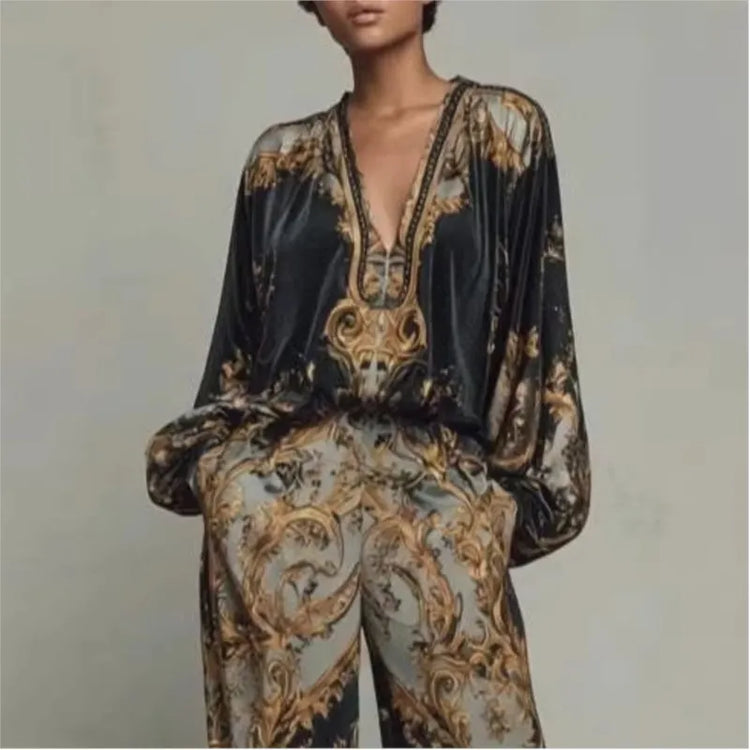 Tienda online, Ropa femenina, Pantalón fluido, Outfit casual, Moda mujer, Moda femenina, Estilo boho, Estampado étnico, Dos piezas, Conjunto BohoChic
