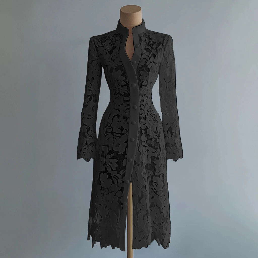 Vestido elegante, Vestido cárdigan, Tienda online, Ropa femenina, Outfit femenino, Moda mujer, Moda femenina, Manga larga, Encaje floral, Cuello Mao
