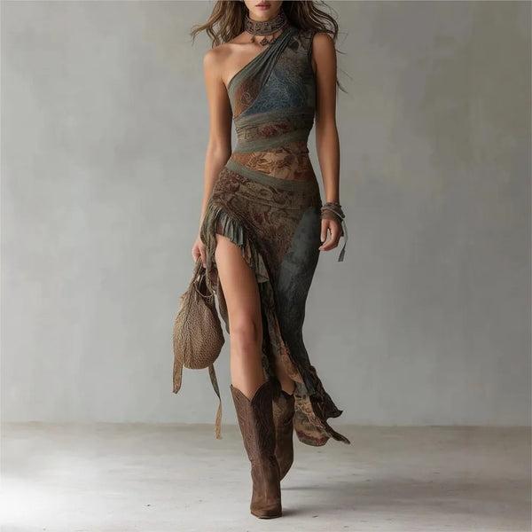 Vestido "Desert Muse" Estilo Boho-Grunge con bajo irregular - Naos