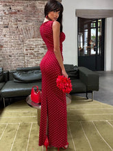 Vestido largo, Vestido elegante, Vestido de fiesta, Sin mangas, Estampado lunares, Moda mujer, Ropa femenina, Outfit noche, Vestido femenino, Tienda online