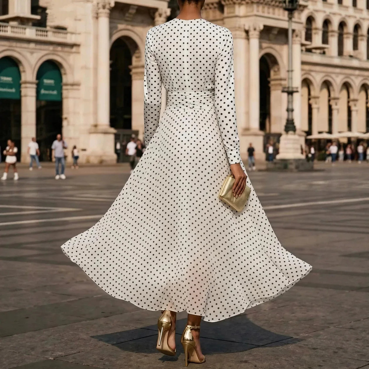Vestido Largo Blanco con Estampado de Lunares Elegante - Naos