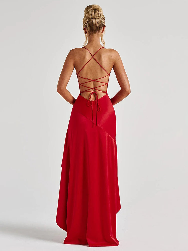 Volantes, Vestido elegante, Vestido de gala satén rojo, Tienda online, Ropa femenina, Outfit noche, Ocasiones especiales, Moda mujer, Corte asimétrico, Abertura
