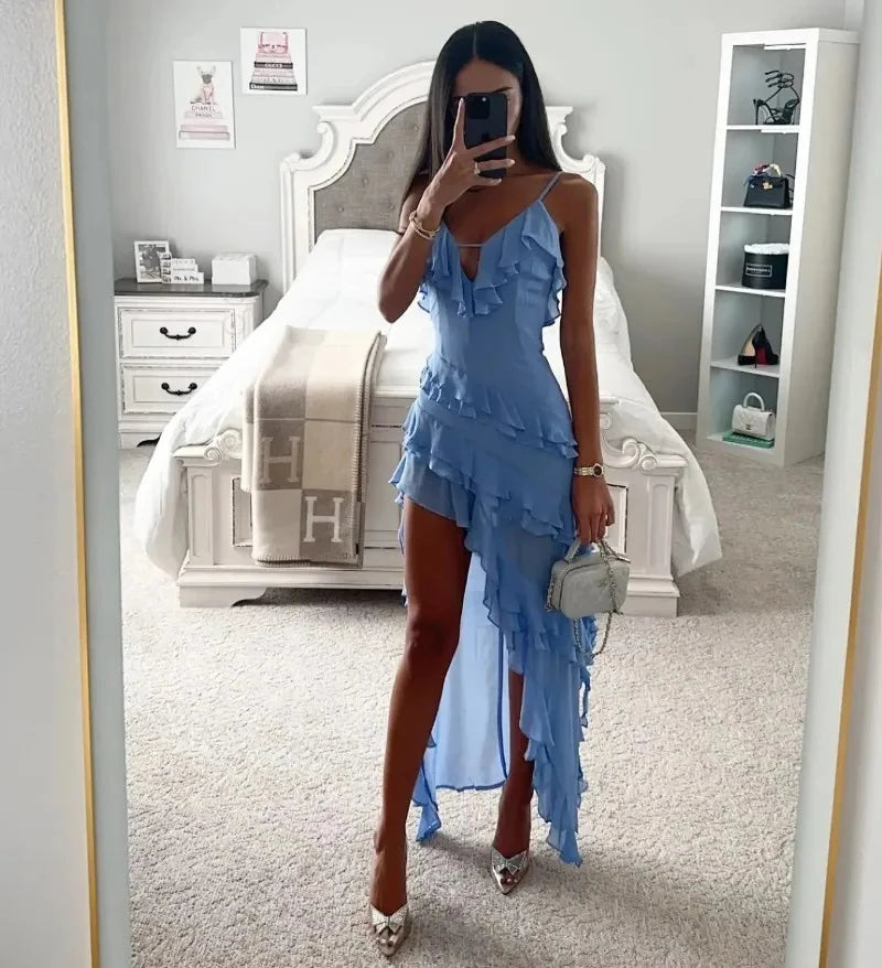 Volantes cascada, Vestido Ocean Breeze, Vestido elegante, Vestido azul cielo, Tirantes finos, Tienda online, Ropa femenina, Outfit verano, Moda mujer, Moda femenina
