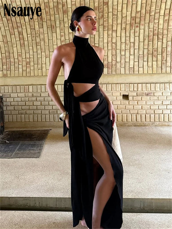 Vestido largo, Vestido ajustado, Tienda online, Ropa femenina, Outfit elegante, Ocasiones especiales, Moda mujer, Moda femenina, Cuello halter, Aberturas estratégicas
