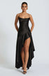 Volantes, Vestido elegante, Vestido de gala satén rojo, Tienda online, Ropa femenina, Outfit noche, Ocasiones especiales, Moda mujer, Corte asimétrico, Abertura
