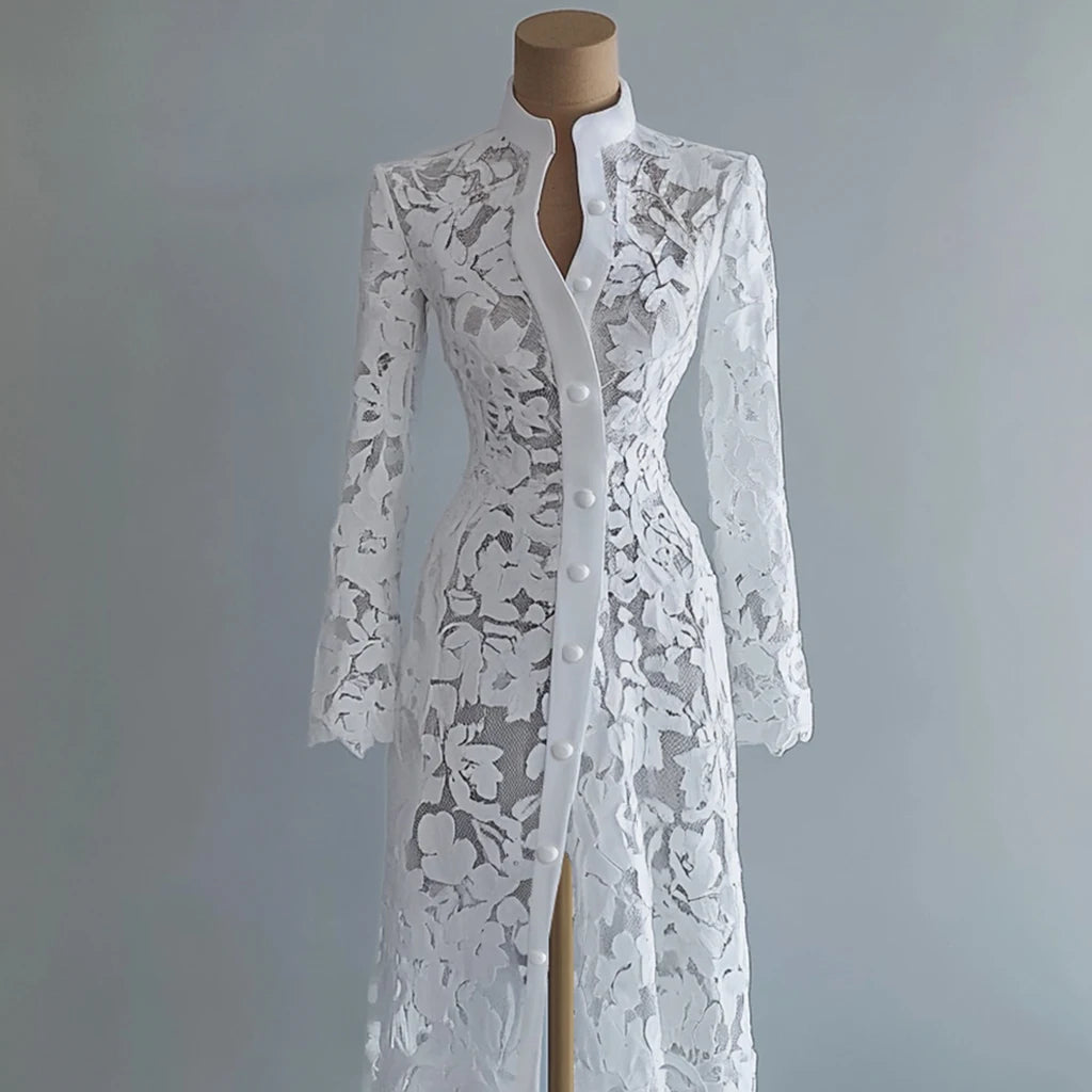 Vestido elegante, Vestido cárdigan, Tienda online, Ropa femenina, Outfit femenino, Moda mujer, Moda femenina, Manga larga, Encaje floral, Cuello Mao
