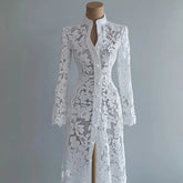 Vestido elegante, Vestido cárdigan, Tienda online, Ropa femenina, Outfit femenino, Moda mujer, Moda femenina, Manga larga, Encaje floral, Cuello Mao
