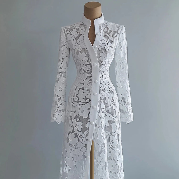 Vestido elegante, Vestido cárdigan, Tienda online, Ropa femenina, Outfit femenino, Moda mujer, Moda femenina, Manga larga, Encaje floral, Cuello Mao
