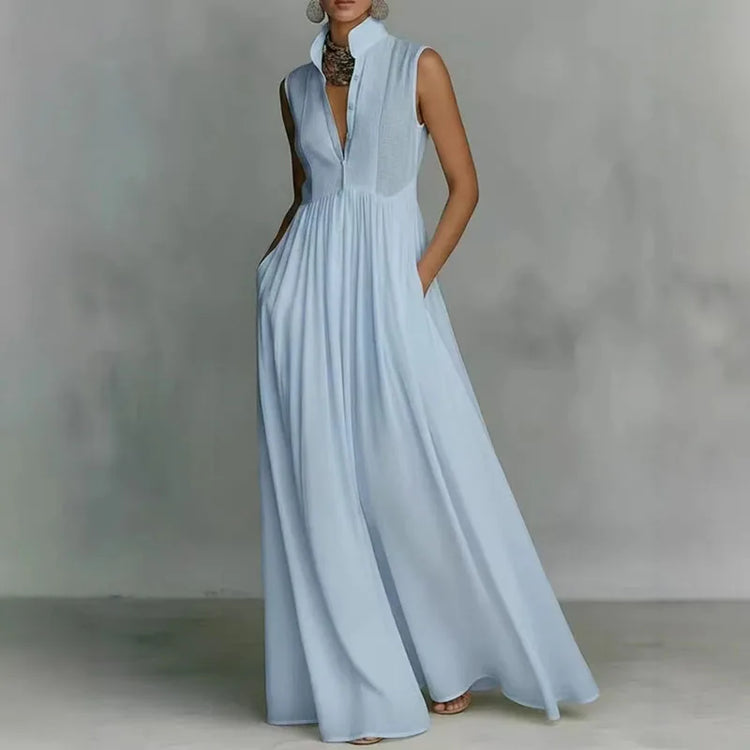Vestido largo, Vestido elegante, Vestido bohemio, Tienda online, Sin mangas, Ropa femenina, Outfit boho, Moda mujer, Corte holgado, Botones
```