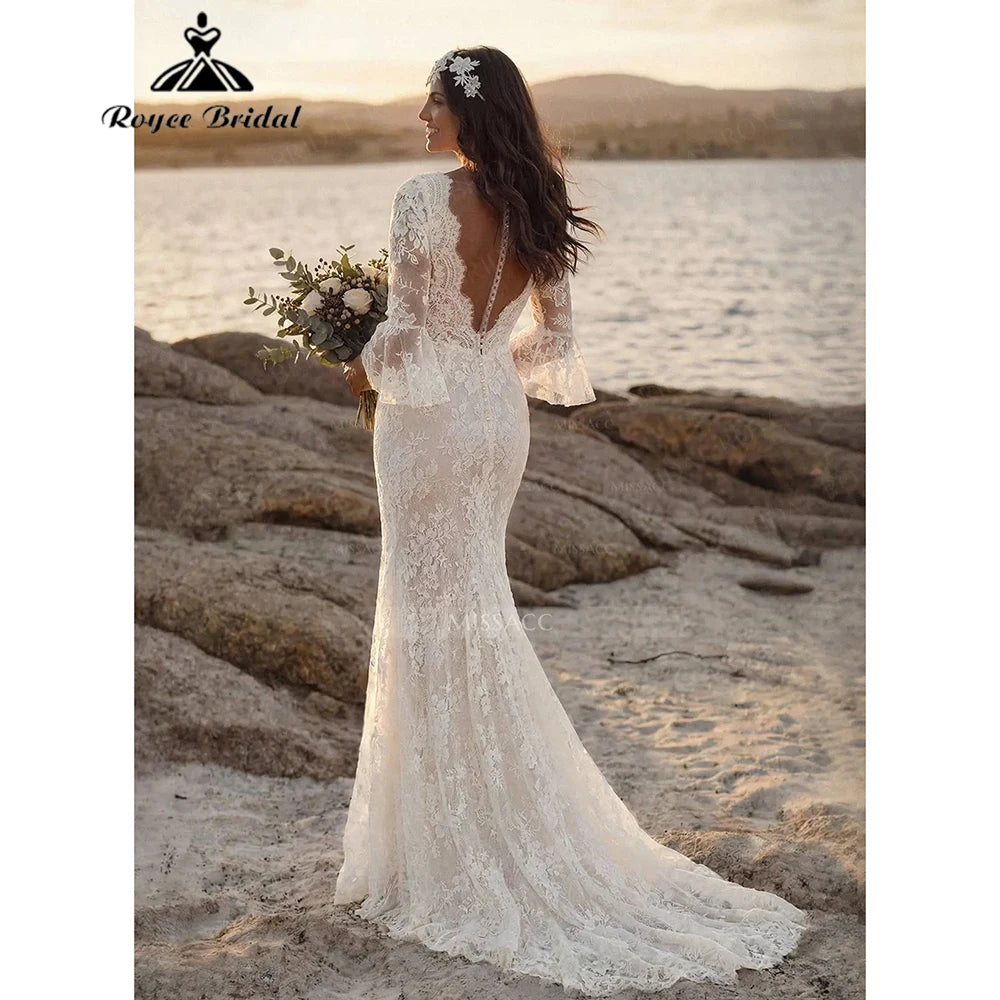 Vestido " Beach Romance". Silueta ajustada de encaje con mangas Boho - Naos