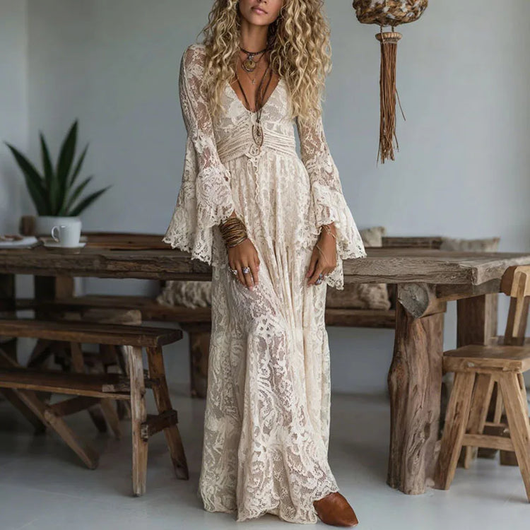 Vestido Largo de Encaje Elegante con Detalles de Bordado - Naos