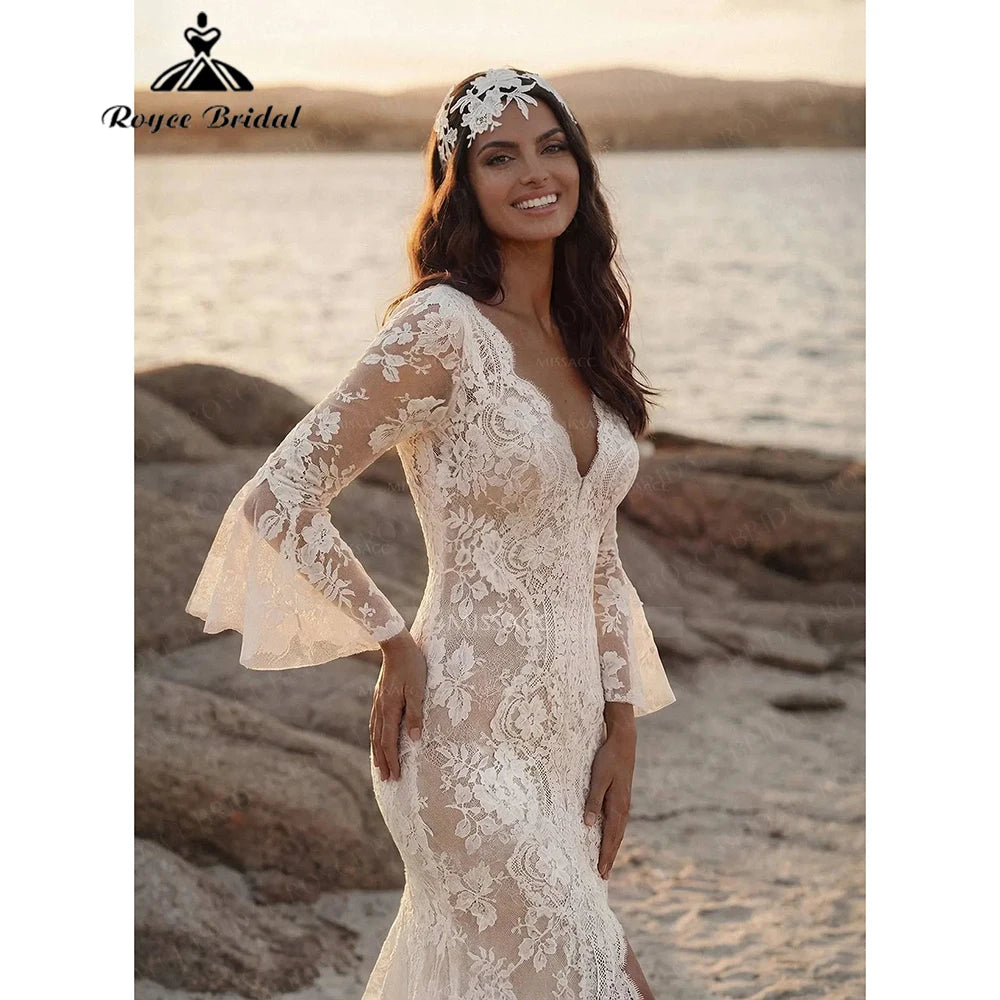Vestido " Beach Romance". Silueta ajustada de encaje con mangas Boho - Naos