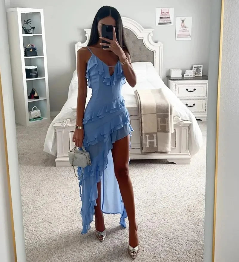 Volantes cascada, Vestido Ocean Breeze, Vestido elegante, Vestido azul cielo, Tirantes finos, Tienda online, Ropa femenina, Outfit verano, Moda mujer, Moda femenina
