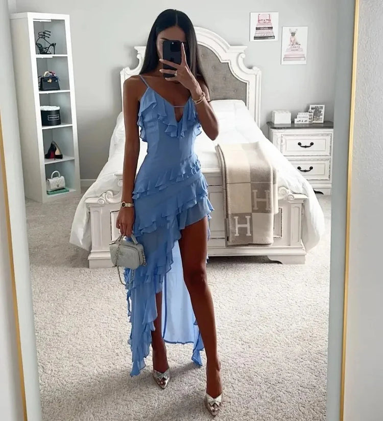 Volantes cascada, Vestido Ocean Breeze, Vestido elegante, Vestido azul cielo, Tirantes finos, Tienda online, Ropa femenina, Outfit verano, Moda mujer, Moda femenina
