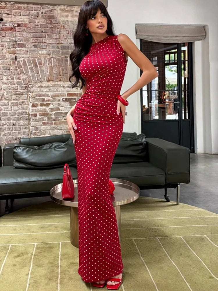 Vestido largo, Vestido elegante, Vestido de fiesta, Sin mangas, Estampado lunares, Moda mujer, Ropa femenina, Outfit noche, Vestido femenino, Tienda online
