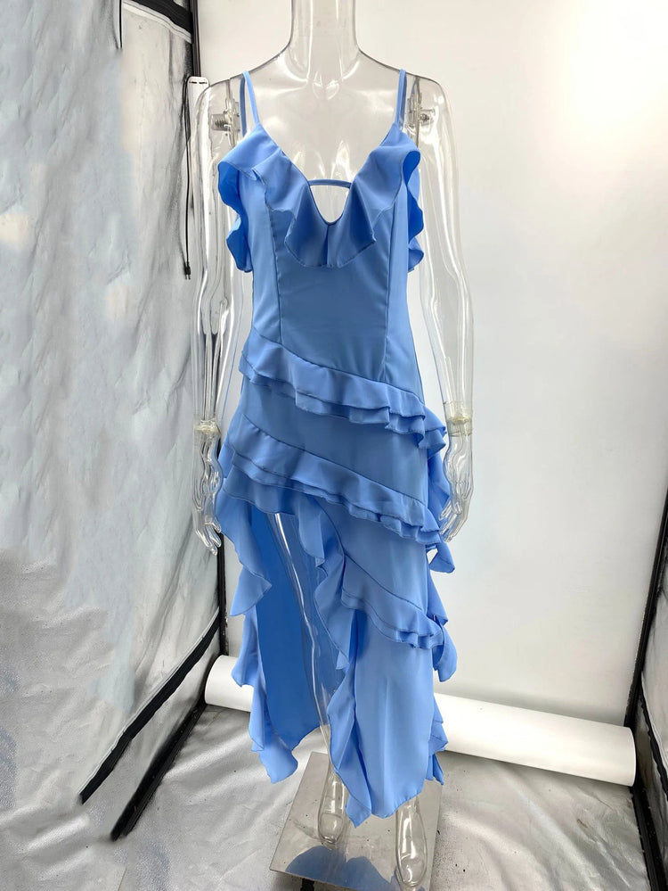 Volantes cascada, Vestido Ocean Breeze, Vestido elegante, Vestido azul cielo, Tirantes finos, Tienda online, Ropa femenina, Outfit verano, Moda mujer, Moda femenina
