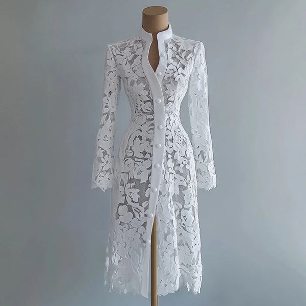 Vestido elegante, Vestido cárdigan, Tienda online, Ropa femenina, Outfit femenino, Moda mujer, Moda femenina, Manga larga, Encaje floral, Cuello Mao
