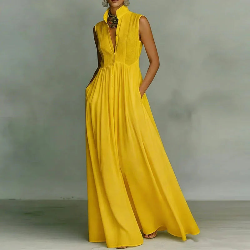 Vestido largo, Vestido elegante, Vestido bohemio, Tienda online, Sin mangas, Ropa femenina, Outfit boho, Moda mujer, Corte holgado, Botones
```