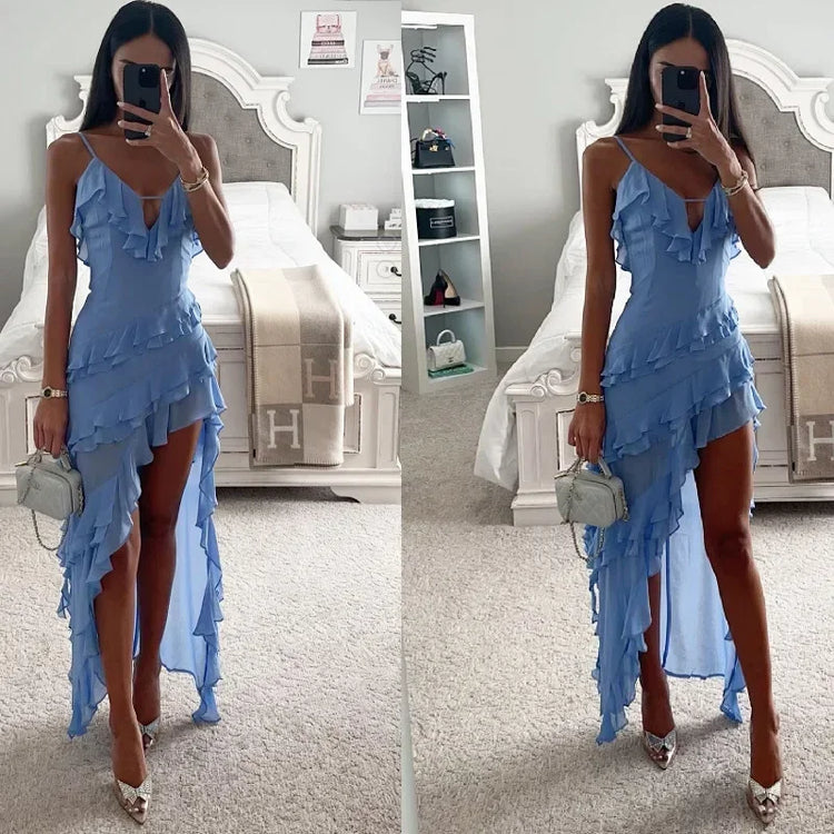 Volantes cascada, Vestido Ocean Breeze, Vestido elegante, Vestido azul cielo, Tirantes finos, Tienda online, Ropa femenina, Outfit verano, Moda mujer, Moda femenina

