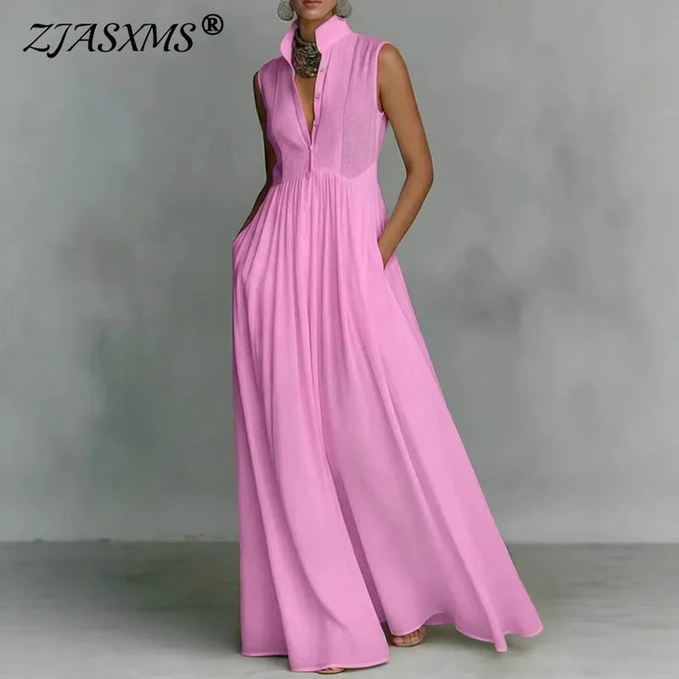 
Vestido largo, Vestido elegante, Vestido bohemio, Tienda online, Sin mangas, Ropa femenina, Outfit boho, Moda mujer, Corte holgado, Botones
```
