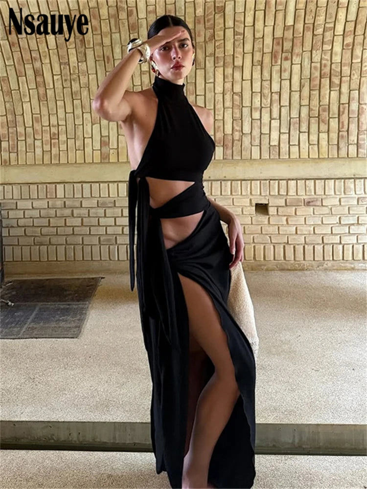 Vestido largo, Vestido ajustado, Tienda online, Ropa femenina, Outfit elegante, Ocasiones especiales, Moda mujer, Moda femenina, Cuello halter, Aberturas estratégicas
