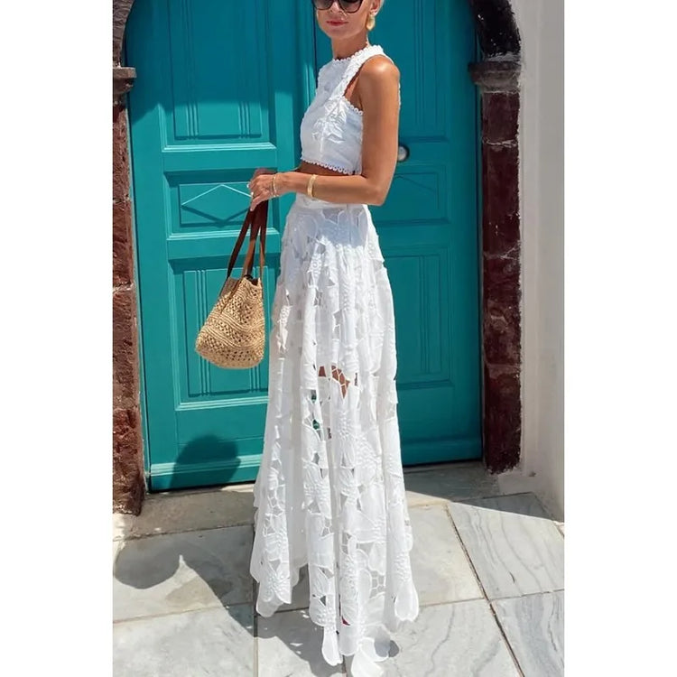 Tienda online, Ropa femenina, Outfit romántico, Moda mujer, Moda femenina, Maxi falda, Dos piezas, Crop top, Conjunto encaje, Conjunto elegante
