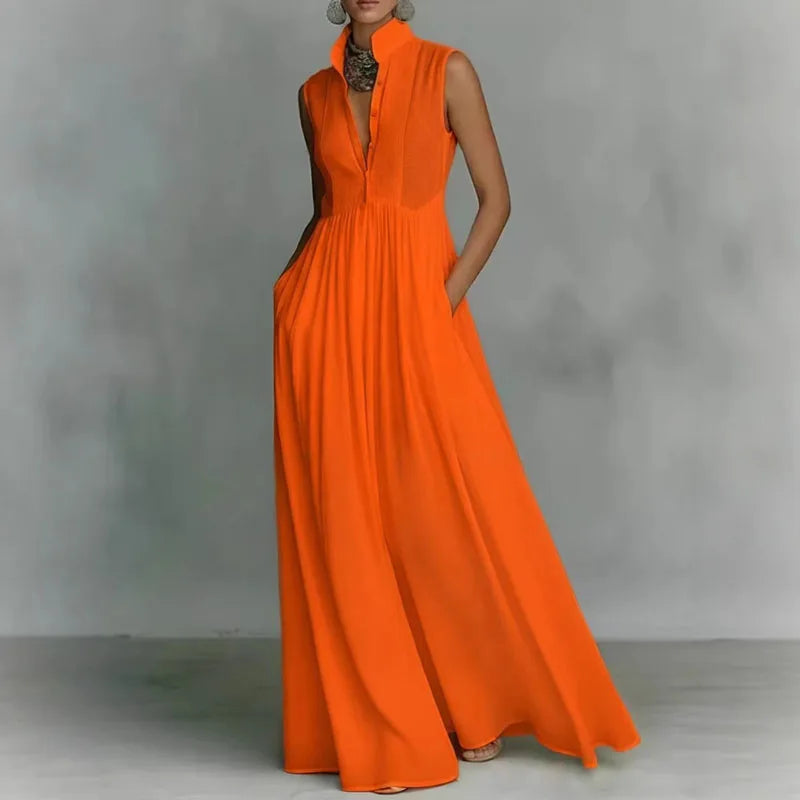 Vestido largo, Vestido elegante, Vestido bohemio, Tienda online, Sin mangas, Ropa femenina, Outfit boho, Moda mujer, Corte holgado, Botones
```